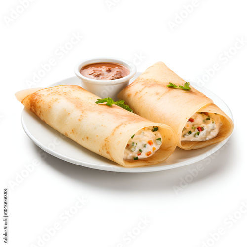 Dosa with sauce on a plate on a white background.