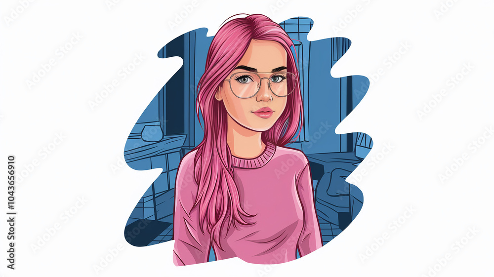 Fototapeta premium PinkHaired Woman in Glasses with a Blue Background