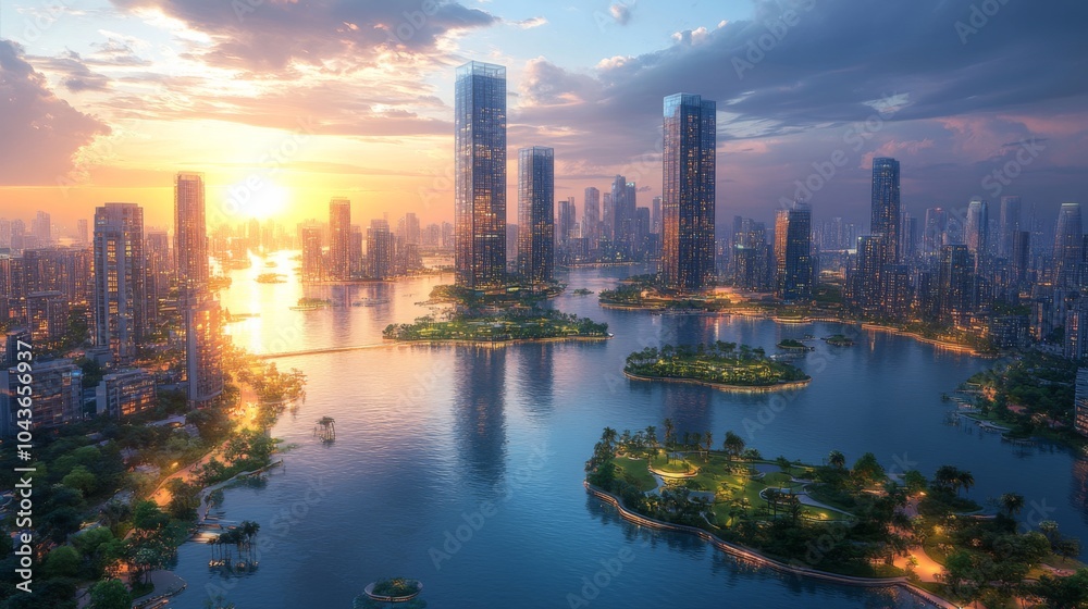 Fototapeta premium A breathtaking view captures the modern city skyline at sunset, surrounded by tranquil waters and green islands, blending urban life with nature's beauty.