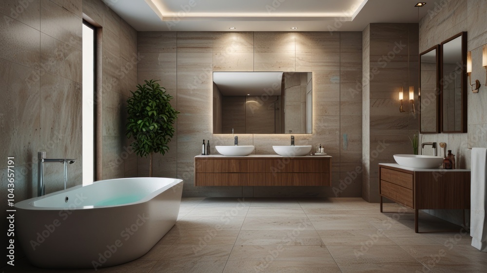 Modern bathroom interior with a bathtub, double sinks, mirror, and green plant. Modern bathroom interior with a bathtub, double sinks, mirror, and green plant.