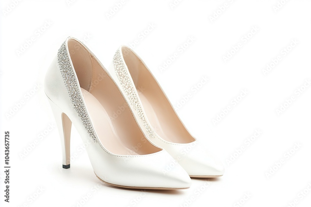 pair of bridal shoes with silver rhinestone upper, isolated on white background. pair of bridal shoes with silver rhinestone upper, isolated on white background.