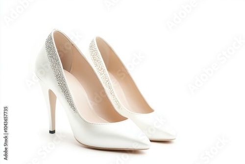 pair of bridal shoes with silver rhinestone upper, isolated on white background.