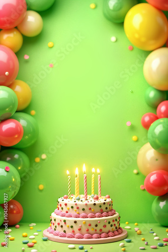 Greeting card. Vibrant birthday celebration with a pink and white cake adorned with candles, surrounded by colorful balloons on a green background.