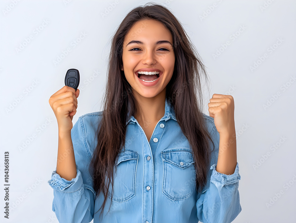 A joyful young woman celebrating with a car key in hand, radiating excitement and happiness. Her cheerful expression and victorious pose capture a sense of achievement and fun.