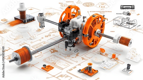 Detailed Cross Sectional of the Inner Workings and Mechanical Structure of a 3D Printer Highlighting the Nozzles Filament Spools