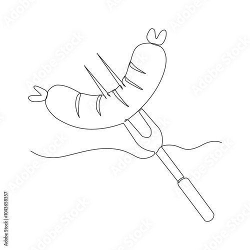 Continuous single line sketch drawing of grilled sausage with fork barbecue bbq spit skewer one line editable vector illustration