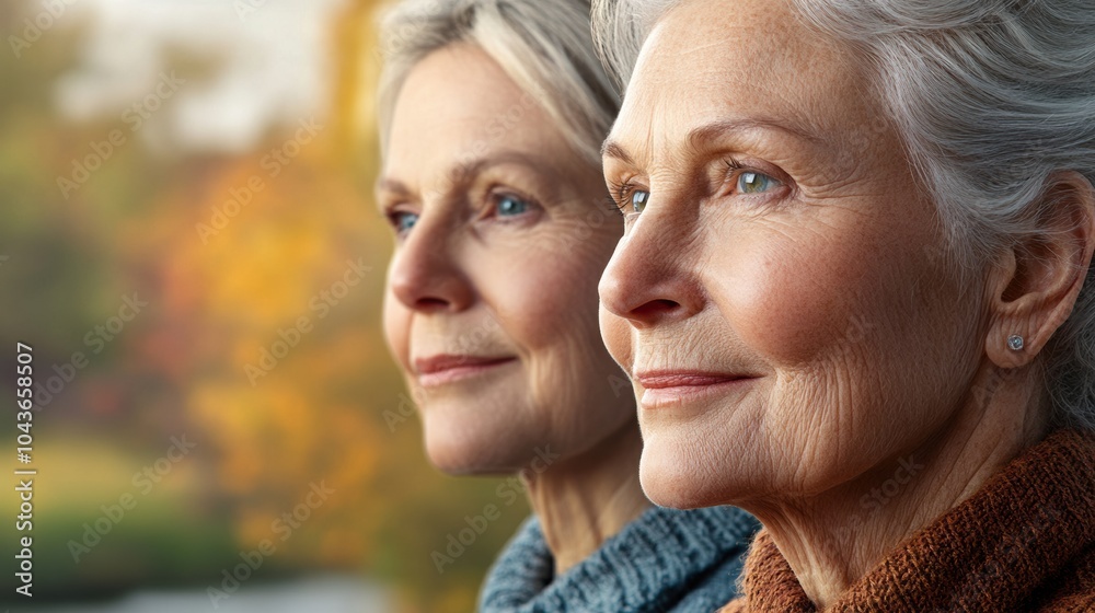 Two elderly women enjoy a serene moment outdoors, surrounded by autumn foliage, AI
