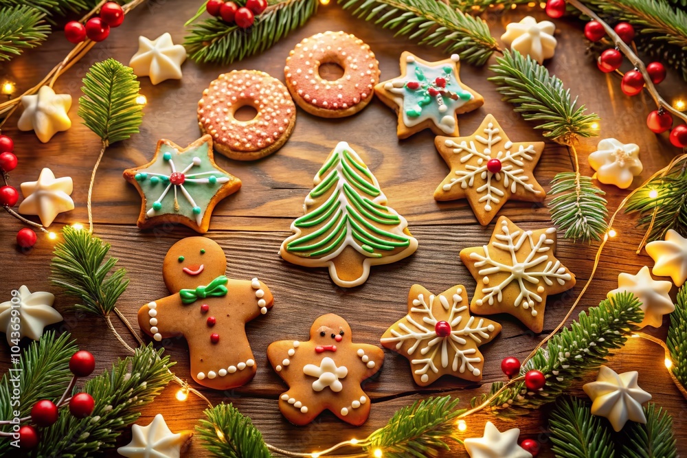 Long Exposure Christmas Cookie Circle with Festive Lights and Decoration Long Exposure Christmas Cookie Circle with Festive Lights and Decoration