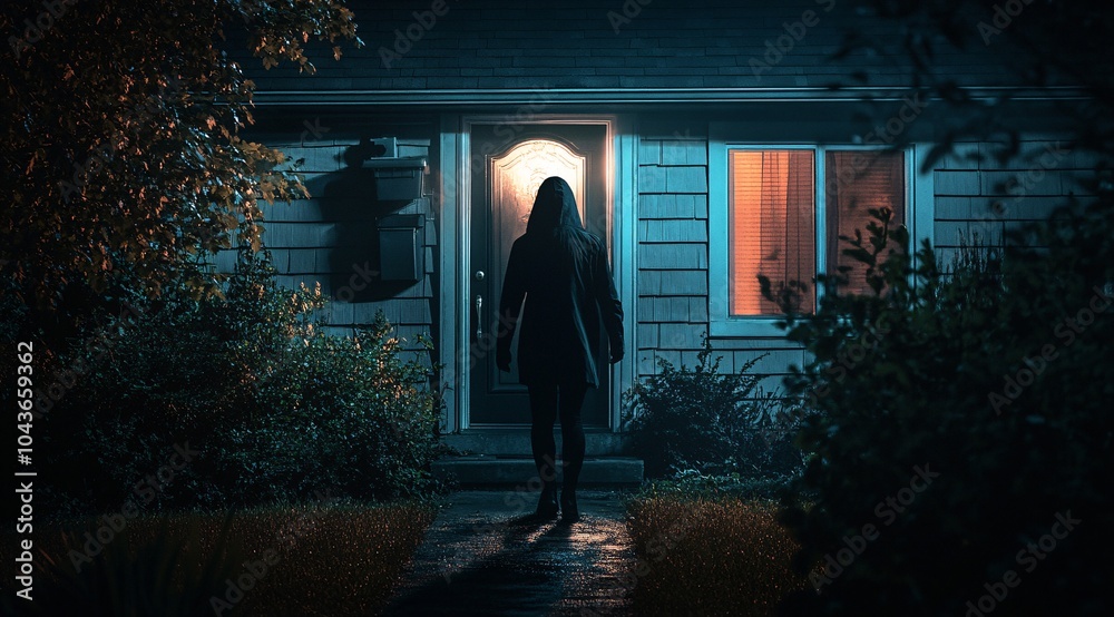 A shadowy figure stands outside a lit house at night, contemplating the mystery of the illuminated home and its occupants A shadowy figure stands outside a lit house at night, contemplating the mystery of the illuminated home and its occupants