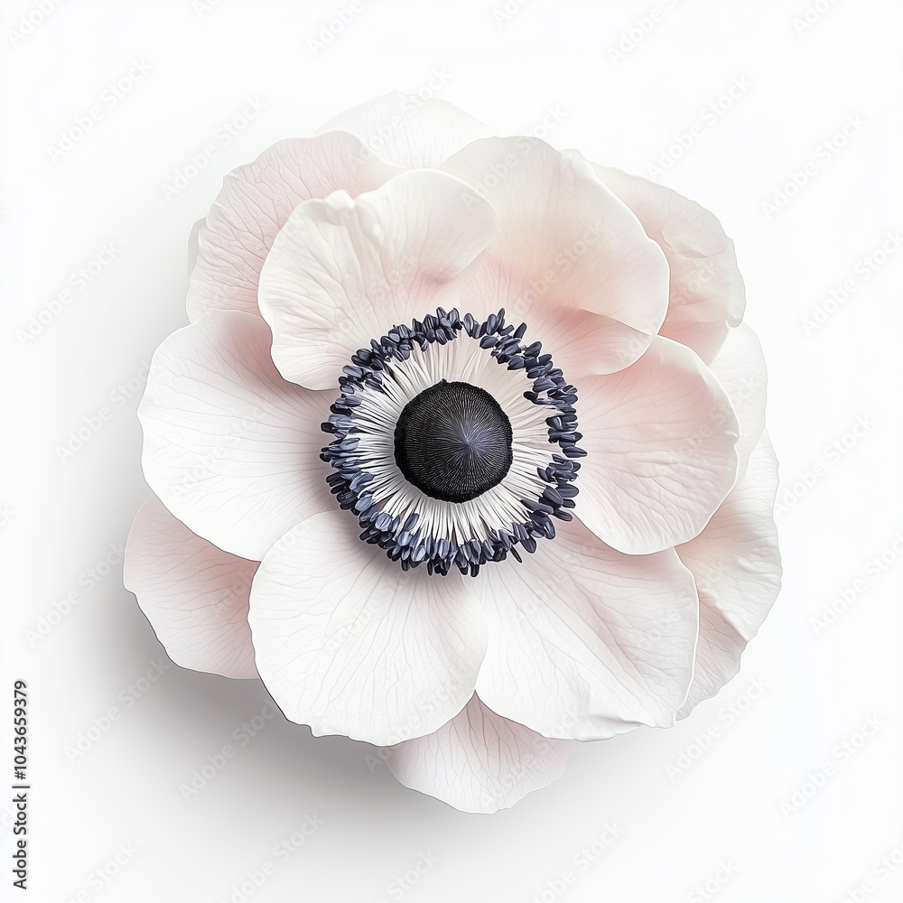 Top view of a white anemone flower with a dark center on a white background Top view of a white anemone flower with a dark center on a white background