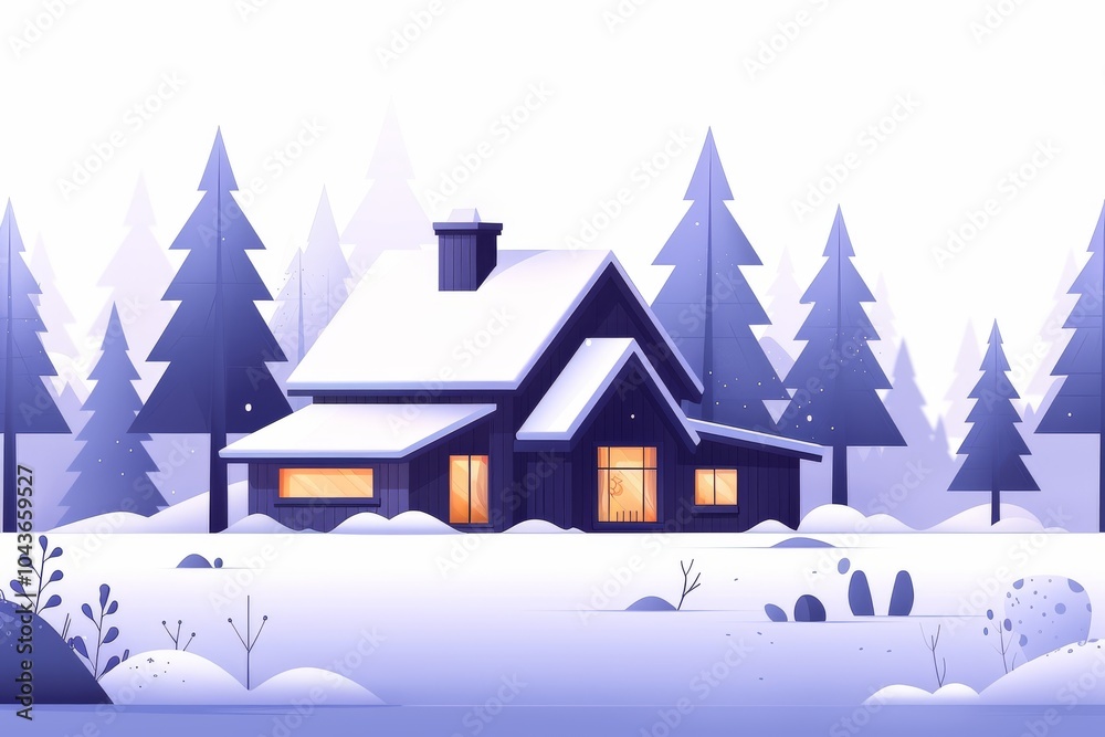 Naklejka premium Snow covered cabin nestled in a pine forest under a starry winter sky evoking peaceful holiday charm and winter serenity