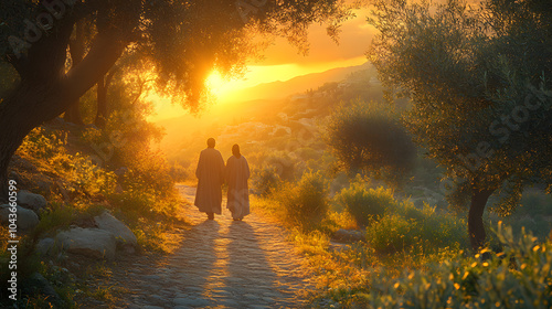 Wallpaper Mural Road to Emmaus, two disciples walking with resurrected Jesus, evening light, ancient path, olive trees, emotional depth Torontodigital.ca
