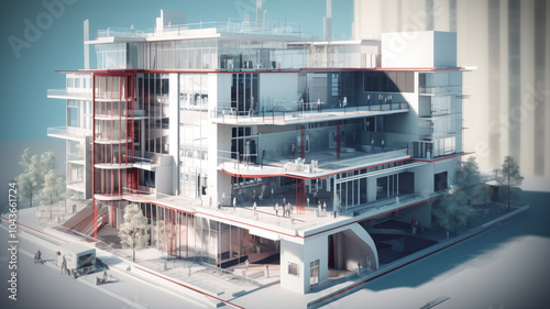 Abstract image of a multi-layered modern residential building, overlapping elements and translucent outlines on a  sketch of a construction site and material, minimalistic