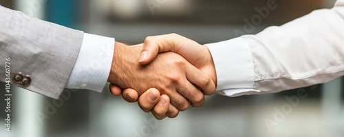 Venture capitalist shaking hands with a startup founder after a funding round photo