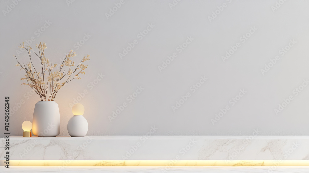 A minimalist interior scene featuring marble shelf adorned with white vase and dried flowers, complemented by soft lighting. neutral tones create serene atmosphere A minimalist interior scene featuring marble shelf adorned with white vase and dried flowers, complemented by soft lighting. neutral tones create serene atmosphere