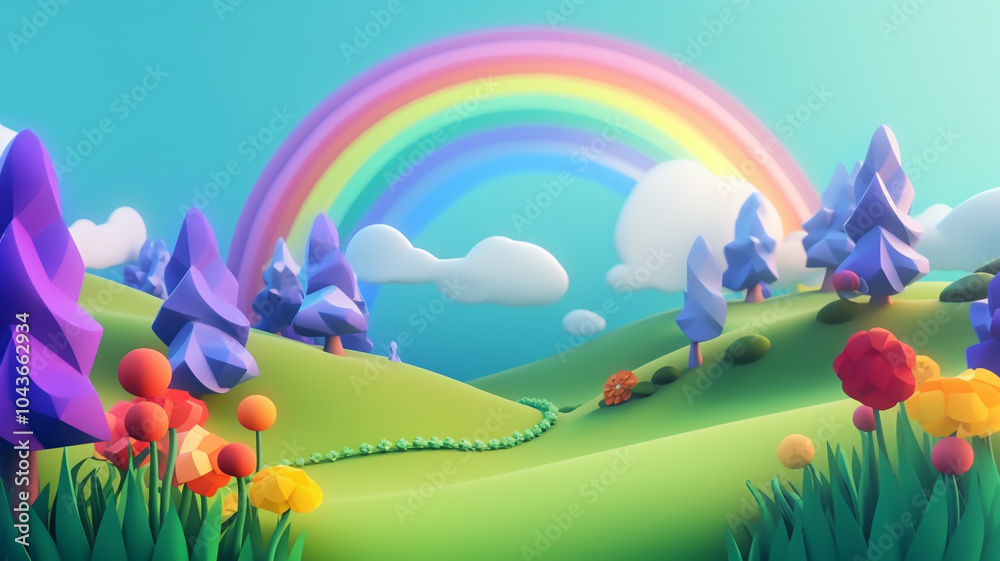 Fototapeta premium Ackgrounds landscape grassland panoramic. Vibrant Rainbow Arching Over Lush Green Forest After Gentle Rain Shower