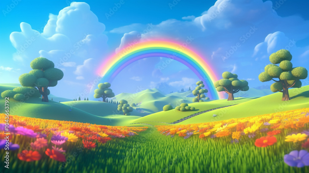 A double rainbow arches over a green meadow filled with wildflowers, under dramatic storm clouds with golden sunlight breaking through Vibrant Rainbow Over Flower Meadow
A double rainbow arches over a green meadow filled with wildflowers, under dramatic storm clouds with golden sunlight breaking through Vibrant Rainbow Over Flower Meadow