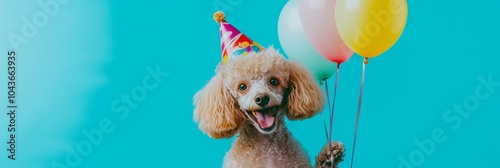 Cream-colored Poodle Wearing Birthday Hat and Holding Colorful Balloons Against Solid Blue Background with Birthday Vibe and Happy Mood photo