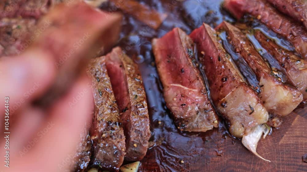 Close up of a hand picking up a perfectly cooked medium-rare steak. The juicy sliced ribeye is glistening on a wooden cutting board. Close up of a hand picking up a perfectly cooked medium-rare steak. The juicy sliced ribeye is glistening on a wooden cutting board.