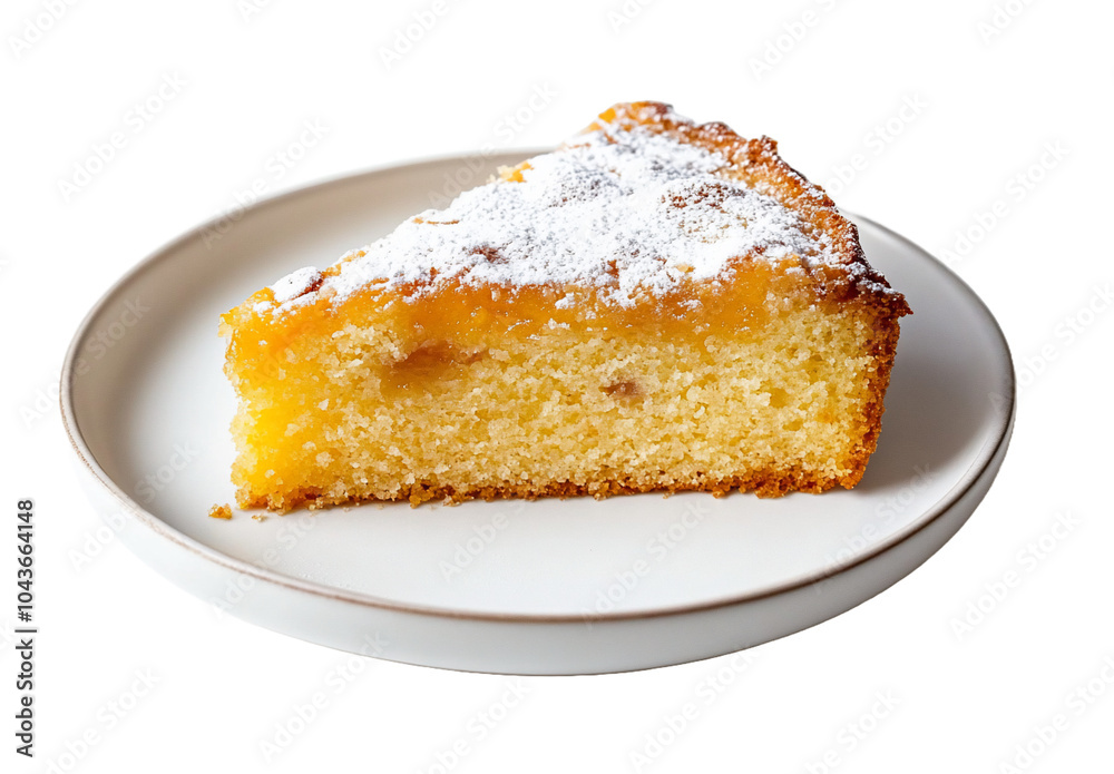 A slice of cake dusted with powdered sugar on a plate. A slice of cake dusted with powdered sugar on a plate.
