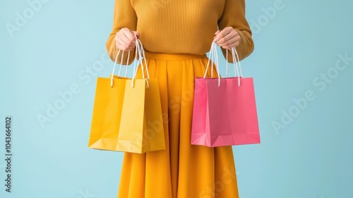 Fashionable woman holding multiple shopping bags after a successful fashion haul shopping spree, fashion, haul photo