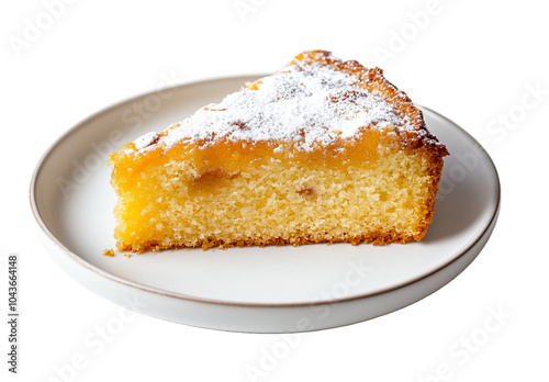 A slice of cake dusted with powdered sugar on a plate.