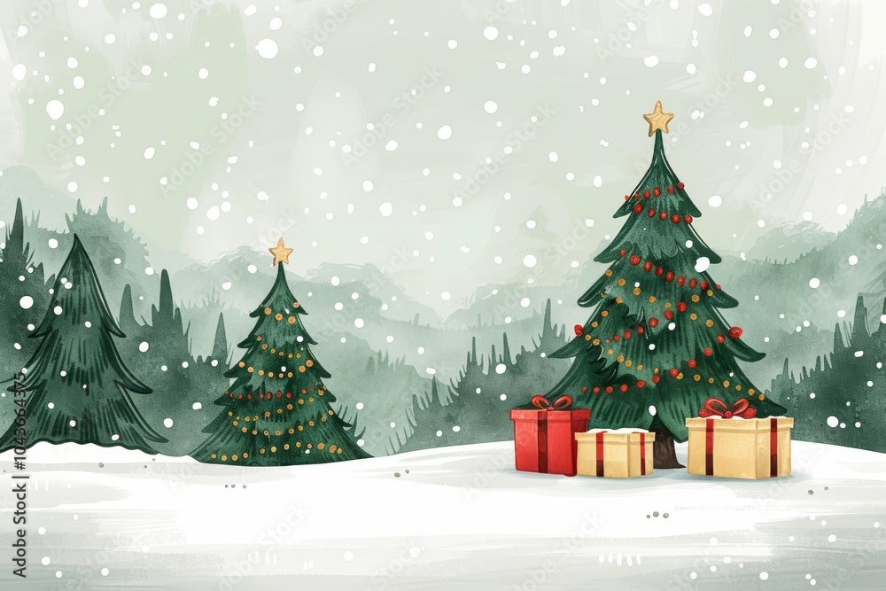 Serene winter landscape with snow covered Christmas trees and gift boxes scattered across a snowy field evoking the tranquility of the holiday season Serene winter landscape with snow covered Christmas trees and gift boxes scattered across a snowy field evoking the tranquility of the holiday season