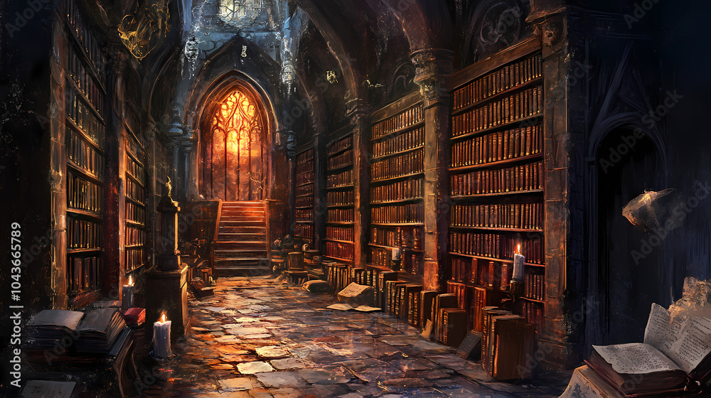 The midnight library: an old, musty library filled with leather-bound books about vampire lore and supernatural creatures. Arcane Library. Illustration The midnight library: an old, musty library filled with leather-bound books about vampire lore and supernatural creatures. Arcane Library. Illustration