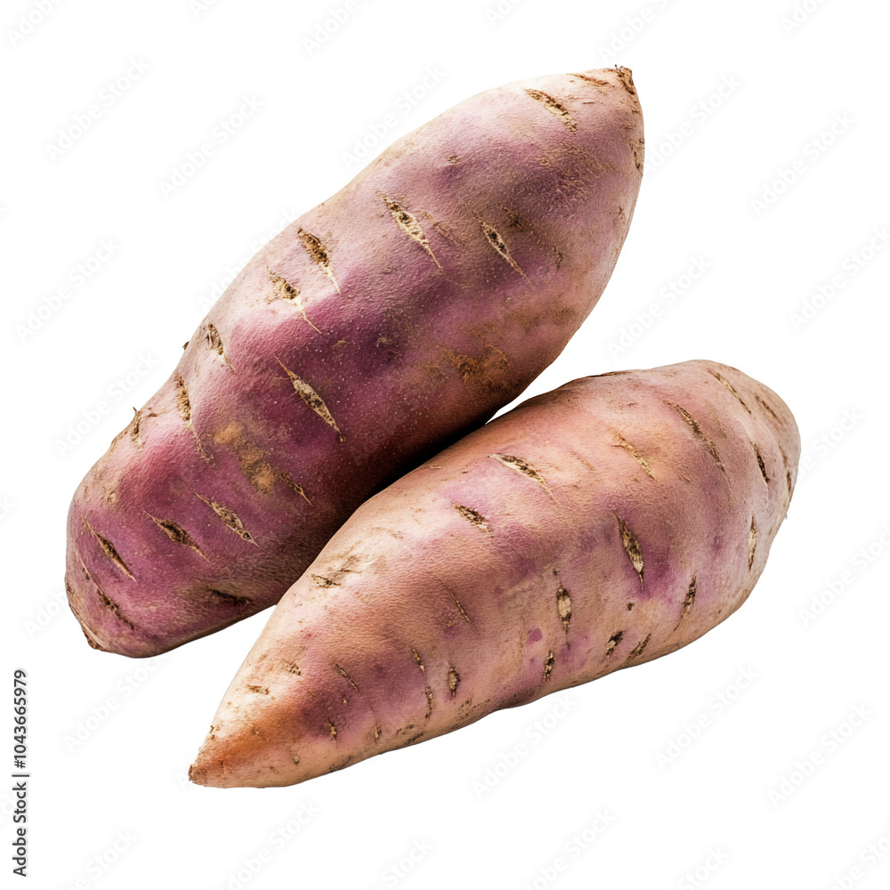 Two purple-skinned sweet potatoes with a rough texture. Two purple-skinned sweet potatoes with a rough texture.