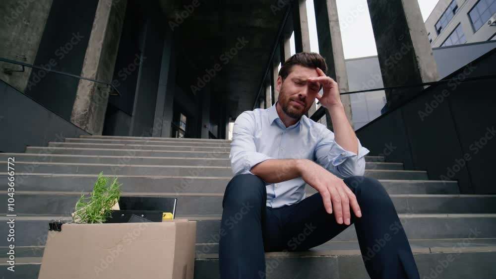 Pensive business man suffer bad work lost intern problem financial crisis dismissed job burnout male sitting stairs sad Caucasian businessman unemployment middle-aged fired guy in city dismissal box Pensive business man suffer bad work lost intern problem financial crisis dismissed job burnout male sitting stairs sad Caucasian businessman unemployment middle-aged fired guy in city dismissal box