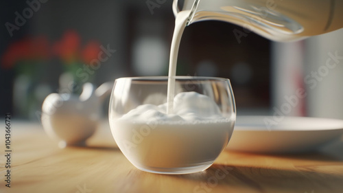 Pouring Milk into Yogurt Maker at Home  Image of Milk Being Poured into a Clear Glass  Close-up organic creamy milk poured into a glass jar Cold beverage from a farm Dairy products Healthy natural  

 photo