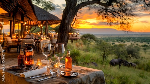 Layered view of a lavish safari lodge revealing guest accommodations dining areas and breathtaking vistas of the surrounding wilderness and wildlife