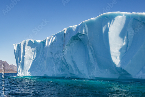 View of glaciers and icebergs in the fjords of South Greenland.