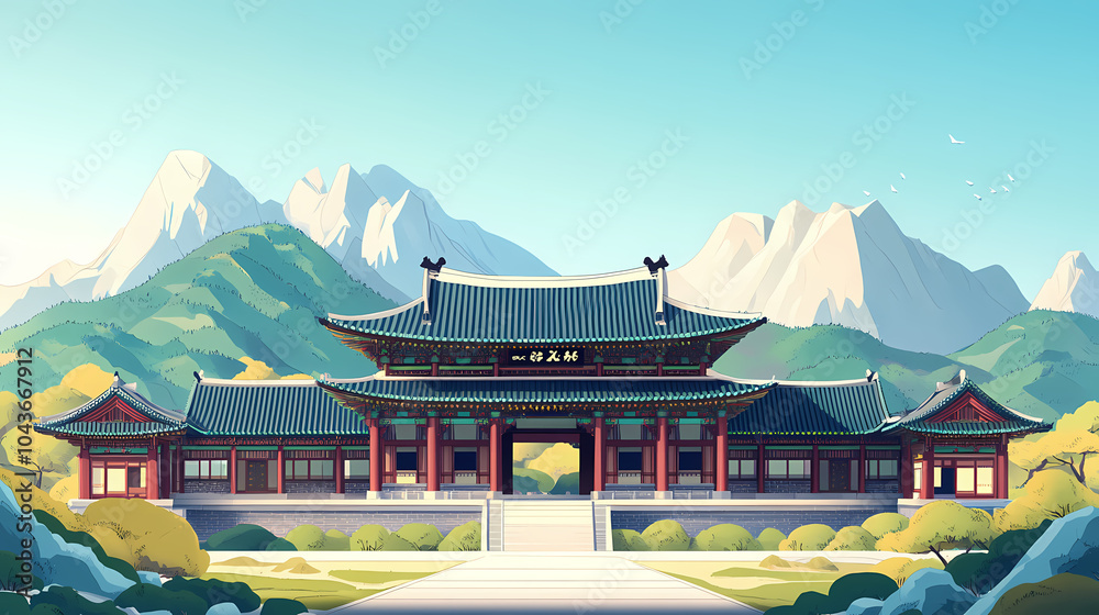Fototapeta premium Traditional korean mountain fortress. Sky Fortress. Illustration