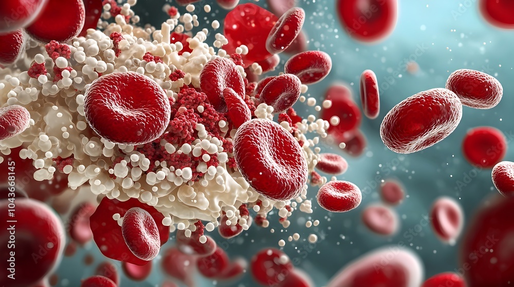 Fototapeta premium Mesmerizing microscopic image showcasing the intricate structures and vibrant colors of red and white blood cells floating within a plasma rich environment