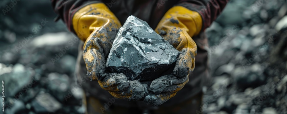 A miner, wearing yellow gloves, holds a rough-hewn rock, demonstrating the laborious process of mining and the hardworking spirit of those in the quarry industry