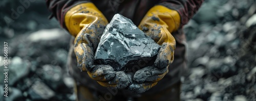Obraz na płótnie A miner, wearing yellow gloves, holds a rough-hewn rock, demonstrating the laborious process of mining and the hardworking spirit of those in the quarry industry w salonie