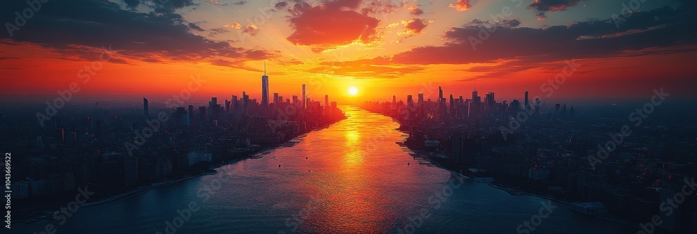 Obraz premium Urban skyline at sunset, vibrant hues of orange and pink illuminate the buildings, creating a breathtaking summer evening panorama.
