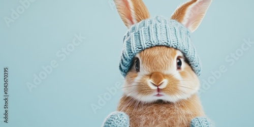 Close-up Portrait of Cute Rabbit Wearing Hat Isolated on Pastel Blue Background photo