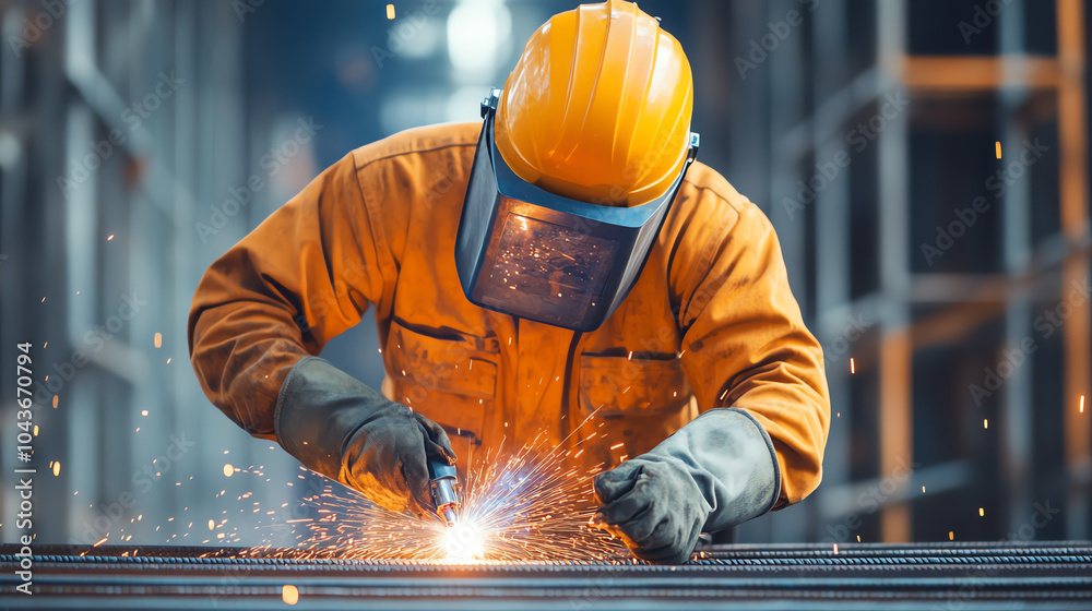 A skilled worker in an orange jumpsuit operates a welding machine, wearing protective gear and face shield, sparks flying in a busy workshop. A skilled worker in an orange jumpsuit operates a welding machine, wearing protective gear and face shield, sparks flying in a busy workshop.