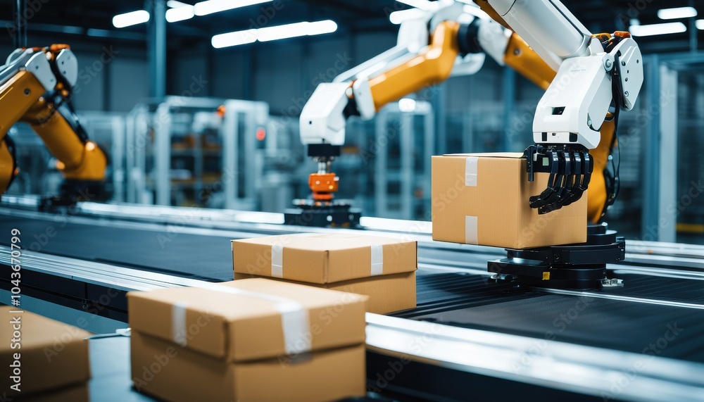 Industrial robot arm grabbing the cardboard box Industrial robot arm grabbing the cardboard box
