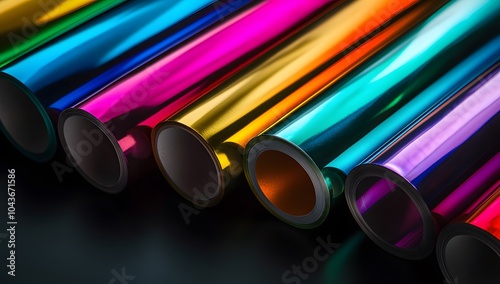 From left to right, the rolls of colored metallic foil paper on a black background. Shiny colors and a metallic sheen create an eye-catching effect 