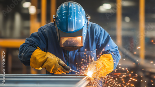 A skilled worker welding metal in a workshop, wearing protective gear, with sparks flying. A demonstration of craftsmanship and industrial work. photo