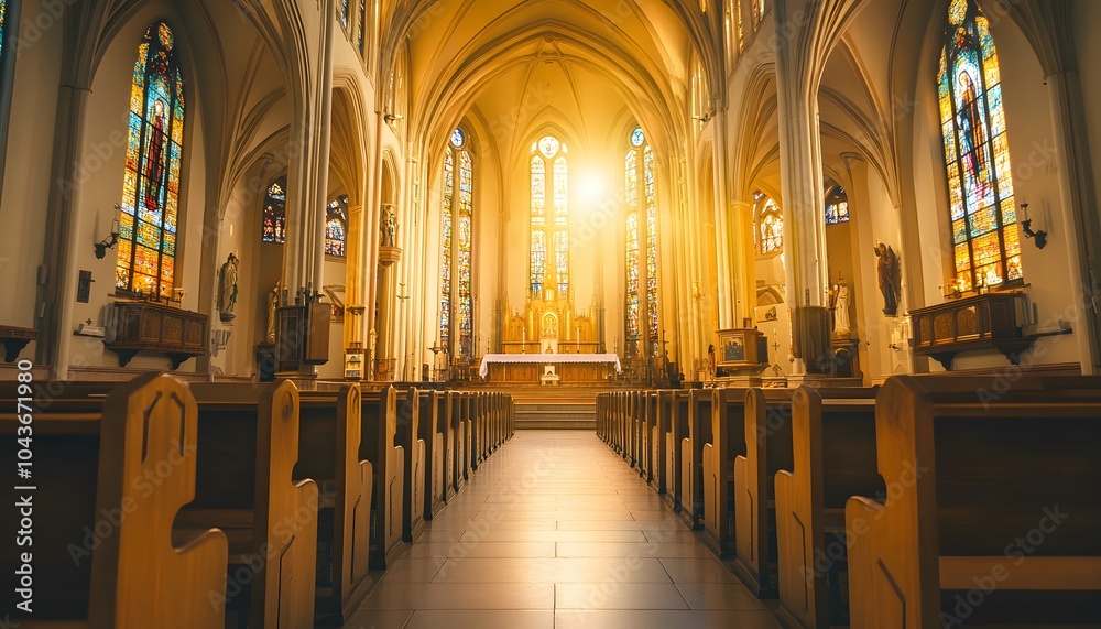Fototapeta premium A beautiful church interior with wooden pews and stained glass windows, bathed in warm sunlight streaming through the tall arched ceilings.
