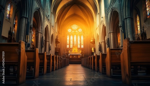 A beautiful church interior with wooden pews and stained glass windows, bathed in warm sunlight streaming through the tall arched ceilings.