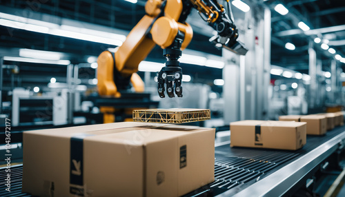 Industrial robot arm grabbing the cardboard box photo