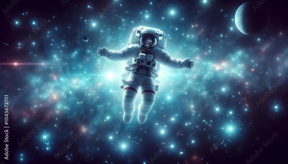 Naklejka premium A lone astronaut drifts weightlessly through the vast expanse of space, illuminated by shimmering stars and distant cosmic light. A mesmerizing depiction of space exploration and human curiosity beyon