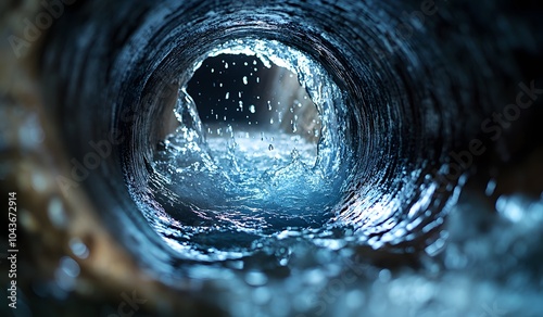 Close-up of water flowing through a sewer pipe, extreme macro photography, cinematic look, high contrast, high resolution, 
