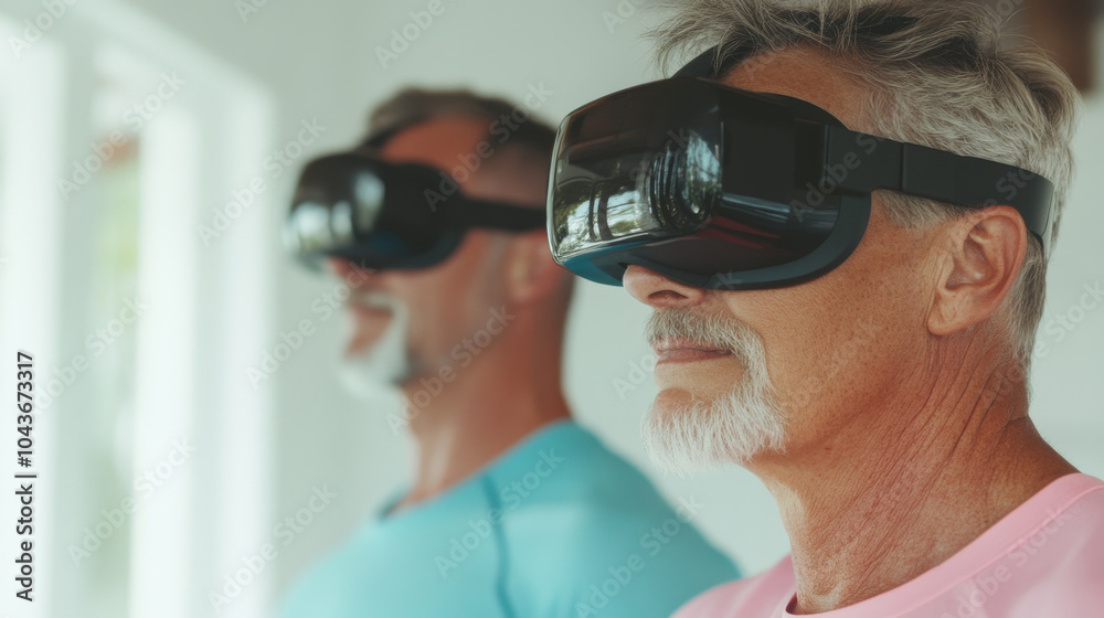 Immersed in virtual reality, two older men experience latest technology with VR headsets. Their expressions reflect curiosity and engagement as they explore new digital worlds Immersed in virtual reality, two older men experience latest technology with VR headsets. Their expressions reflect curiosity and engagement as they explore new digital worlds