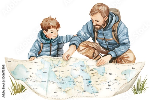 Father and Son Hiking Adventure - Watercolor Illustration. photo